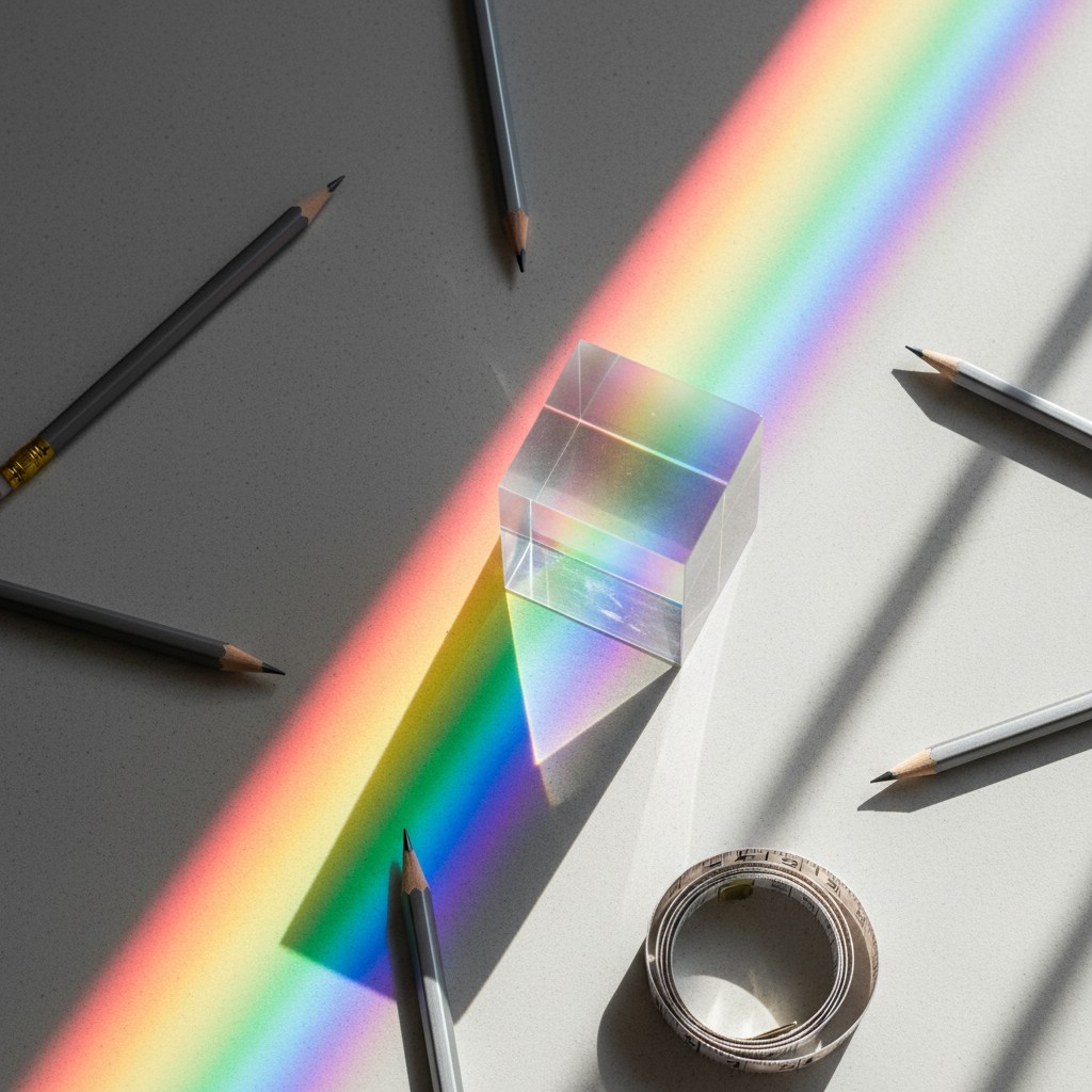 A colorful rainbow formed by light passing through a prism, surrounded by pencils and a roll of tape on a white surface.