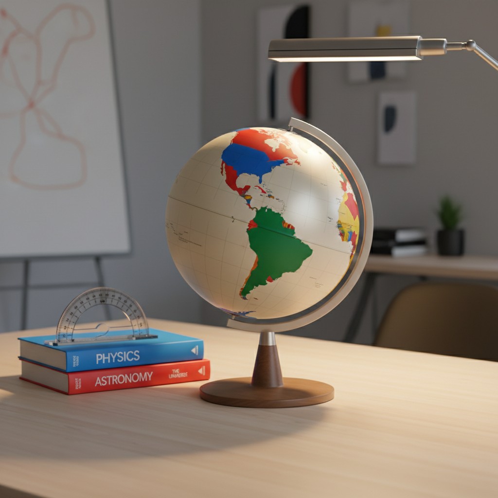 A globe on a desk with books and a lamp nearby, in an educational setting.