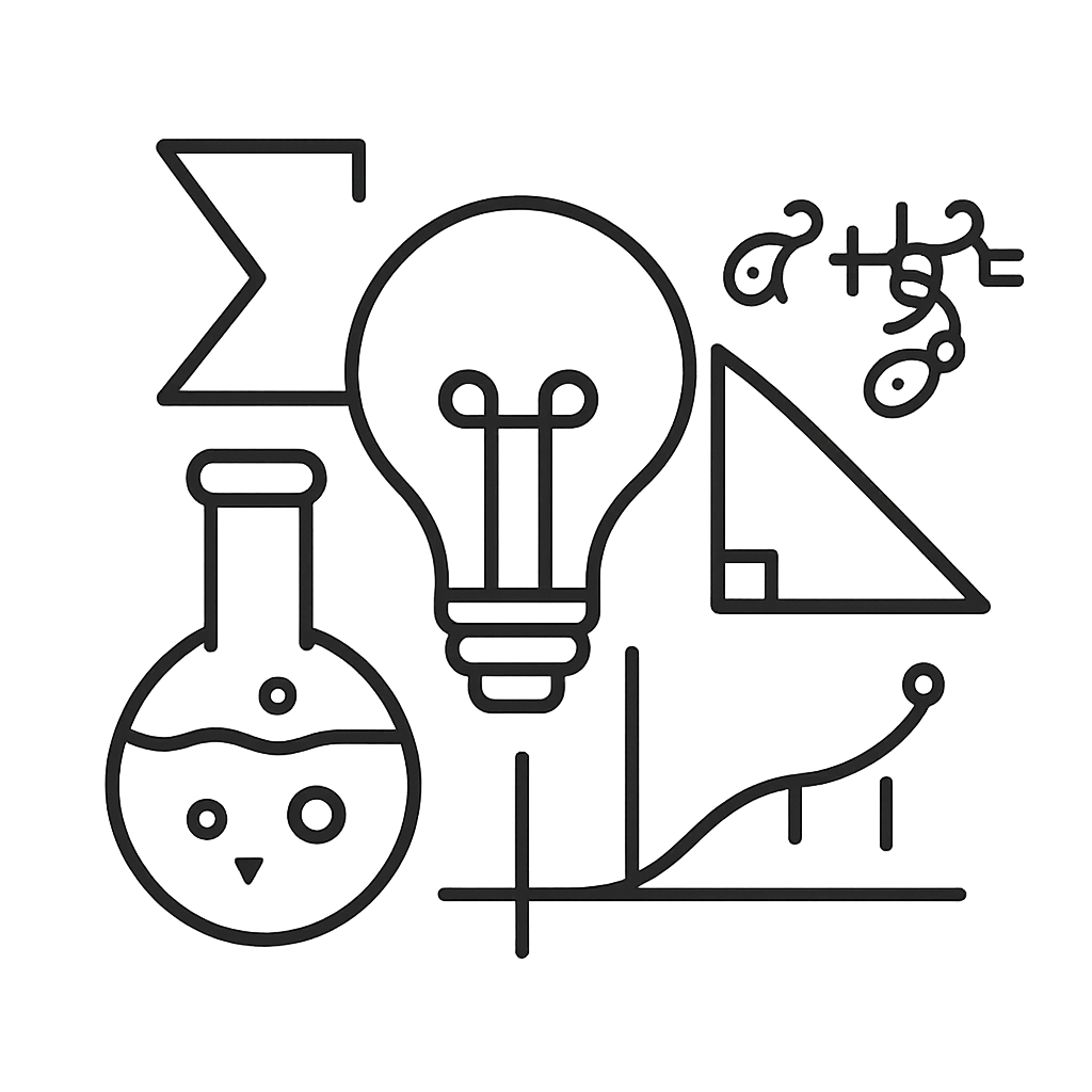 A collection of science-related icons including a lightbulb, beaker, and triangle.